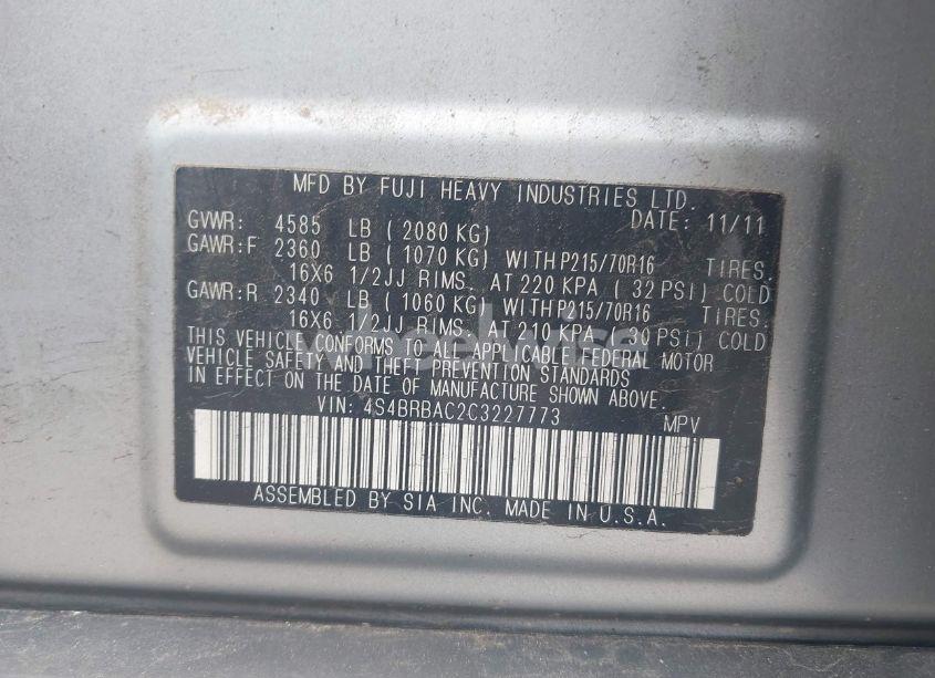 Photo 9 of 2012 Subaru Outback 2.5I (VIN 4S4BRBAC2C3227773)