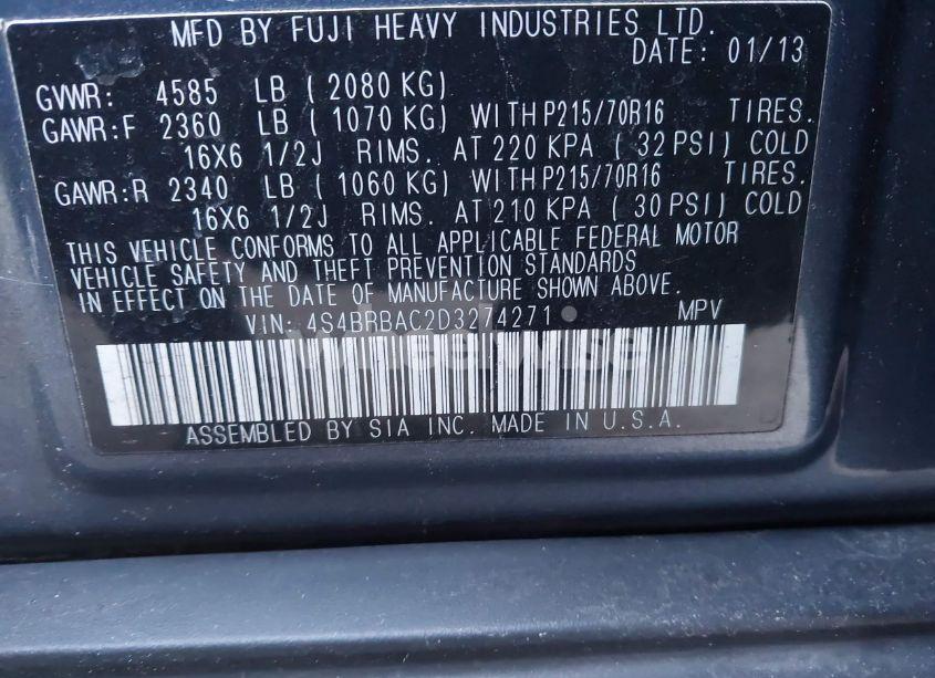 Photo 9 of 2013 Subaru Outback 2.5I (VIN 4S4BRBAC2D3274271)