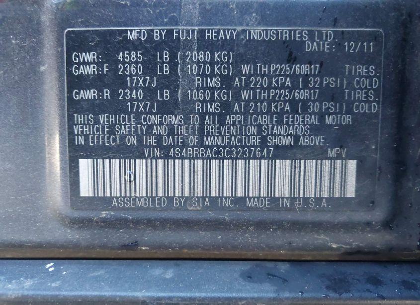 Photo 9 of 2012 Subaru Outback 2.5I (VIN 4S4BRBAC3C3237647)