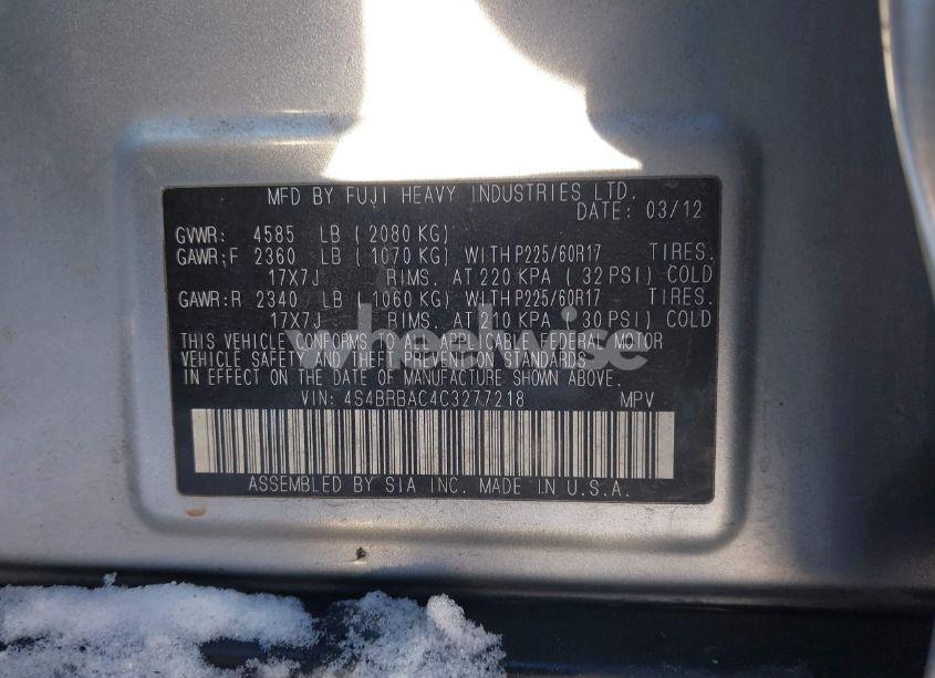 Photo 9 of 2012 Subaru Outback 2.5I (VIN 4S4BRBAC4C3277218)