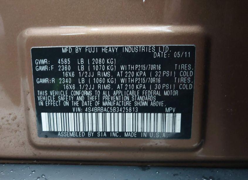 Photo 9 of 2011 Subaru Outback 2.5I (VIN 4S4BRBAC5B3425813)