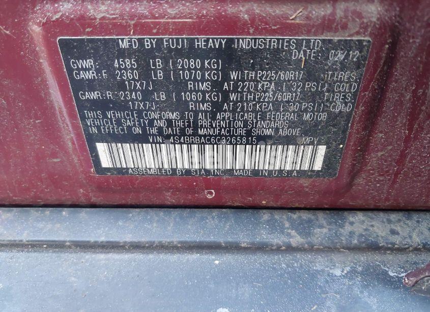 Photo 9 of 2012 Subaru Outback 2.5I (VIN 4S4BRBAC6C3265815)