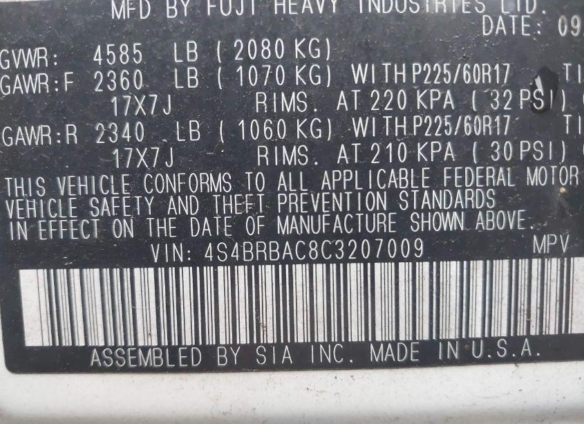 Photo 9 of 2012 Subaru Outback 2.5I (VIN 4S4BRBAC8C3207009)