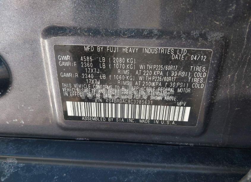 Photo 9 of 2012 Subaru Outback 2.5I (VIN 4S4BRBAC8C3285631)