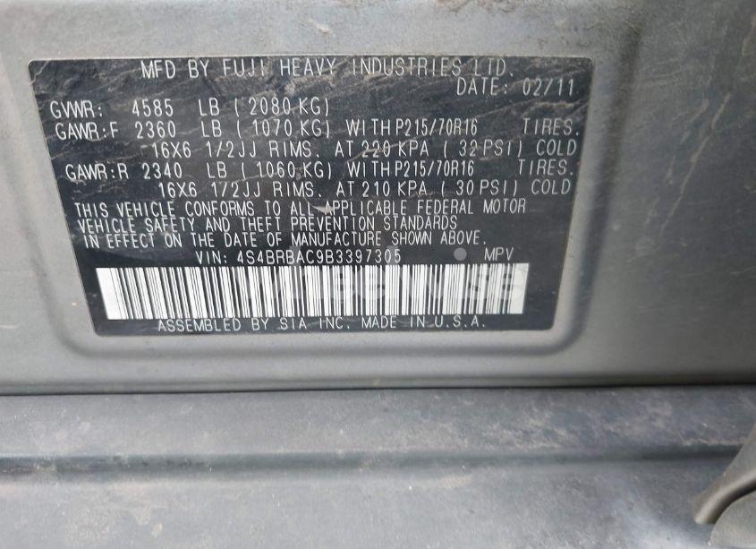 Photo 9 of 2011 Subaru Outback 2.5I (VIN 4S4BRBAC9B3397305)