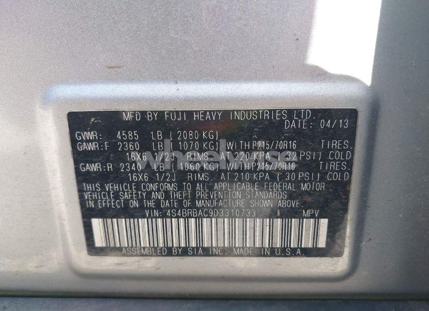 Photo 9 of 2013 Subaru Outback 2.5I (VIN 4S4BRBAC9D3310733)