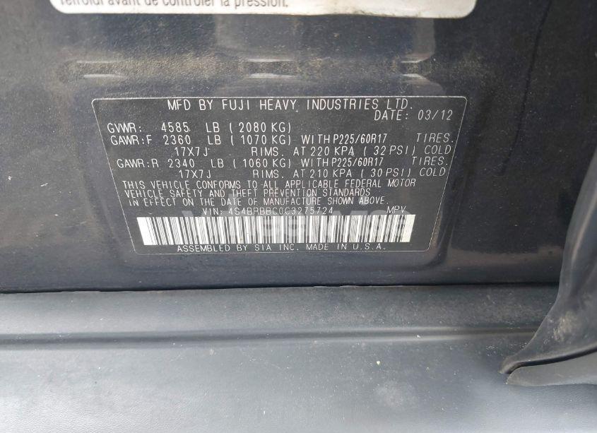 Photo 9 of 2012 Subaru Outback 2.5I PREMIUM (VIN 4S4BRBBC0C3275724)