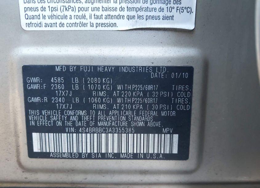 Photo 9 of 2010 Subaru Outback 2.5I PREMIUM (VIN 4S4BRBBC3A3355385)