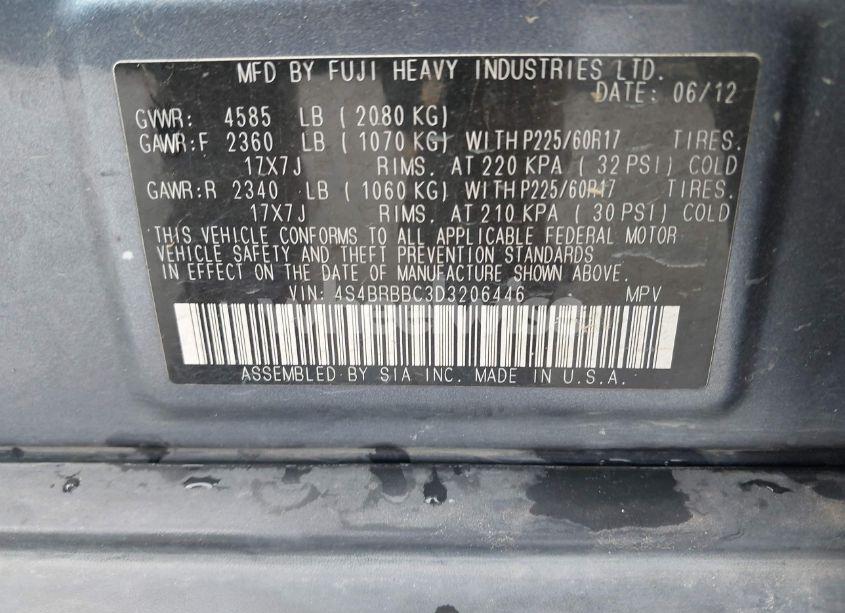 Photo 9 of 2013 Subaru Outback 2.5I PREMIUM (VIN 4S4BRBBC3D3206446)