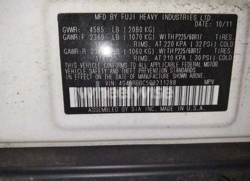 Photo 9 of 2012 Subaru Outback 2.5I PREMIUM (VIN 4S4BRBBC5C3211288)