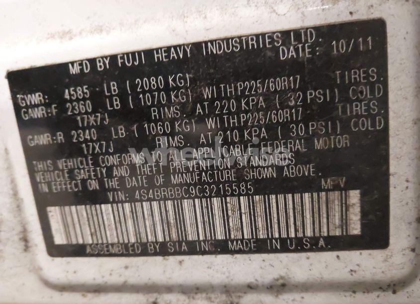 Photo 9 of 2012 Subaru Outback 2.5I PREMIUM (VIN 4S4BRBBC9C3215585)