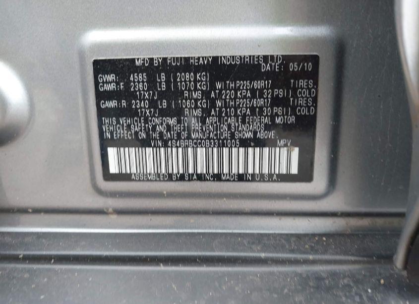 Photo 9 of 2011 Subaru Outback 2.5I PREMIUM (VIN 4S4BRBCC0B3311005)
