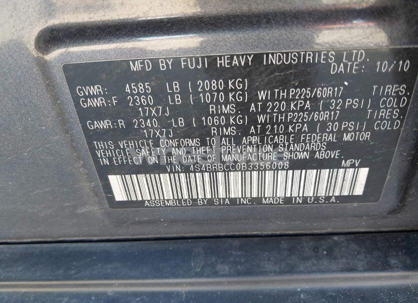 Photo 9 of 2011 Subaru Outback 2.5I PREMIUM (VIN 4S4BRBCC0B3356008)