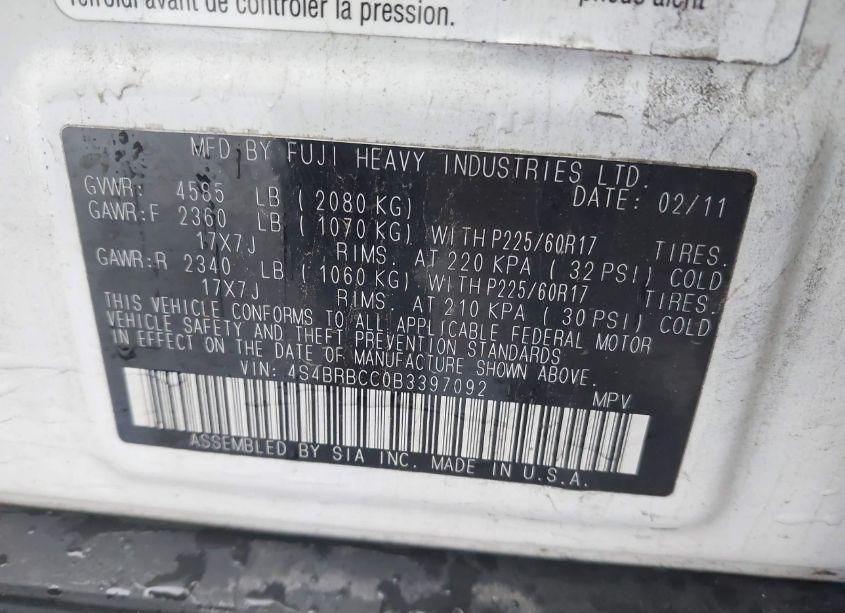 Photo 9 of 2011 Subaru Outback 2.5I PREMIUM (VIN 4S4BRBCC0B3397092)