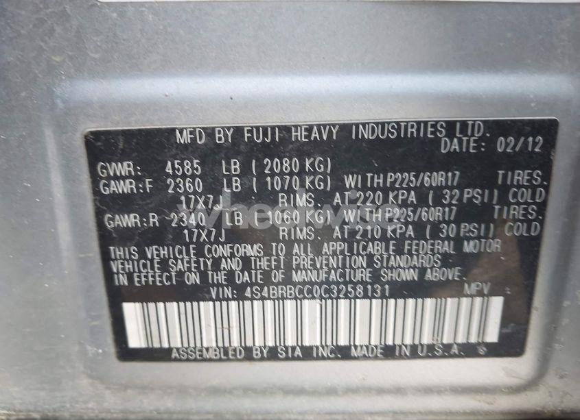 Photo 9 of 2012 Subaru Outback 2.5I PREMIUM (VIN 4S4BRBCC0C3258131)