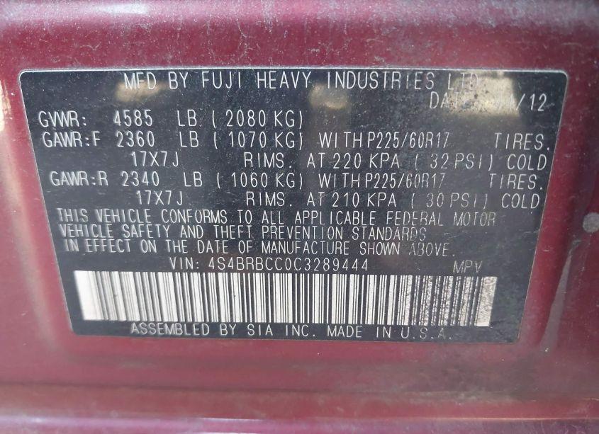 Photo 9 of 2012 Subaru Outback 2.5I PREMIUM (VIN 4S4BRBCC0C3289444)