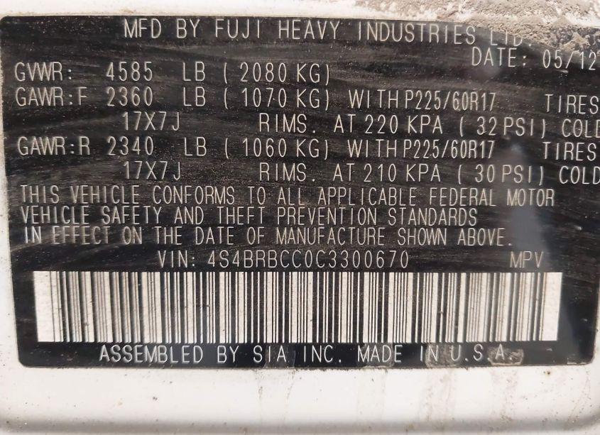 Photo 9 of 2012 Subaru Outback 2.5I PREMIUM (VIN 4S4BRBCC0C3300670)