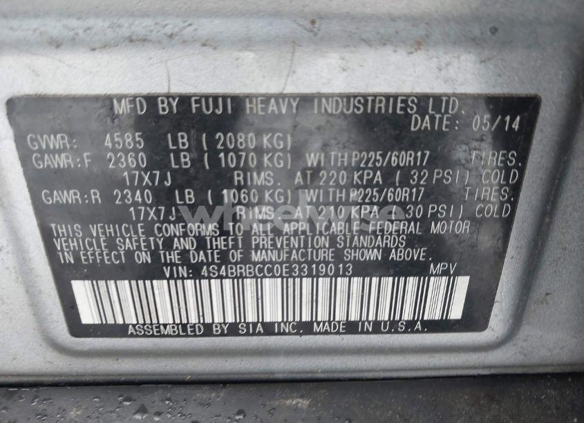 Photo 9 of 2014 Subaru Outback 2.5I PREMIUM (VIN 4S4BRBCC0E3319013)