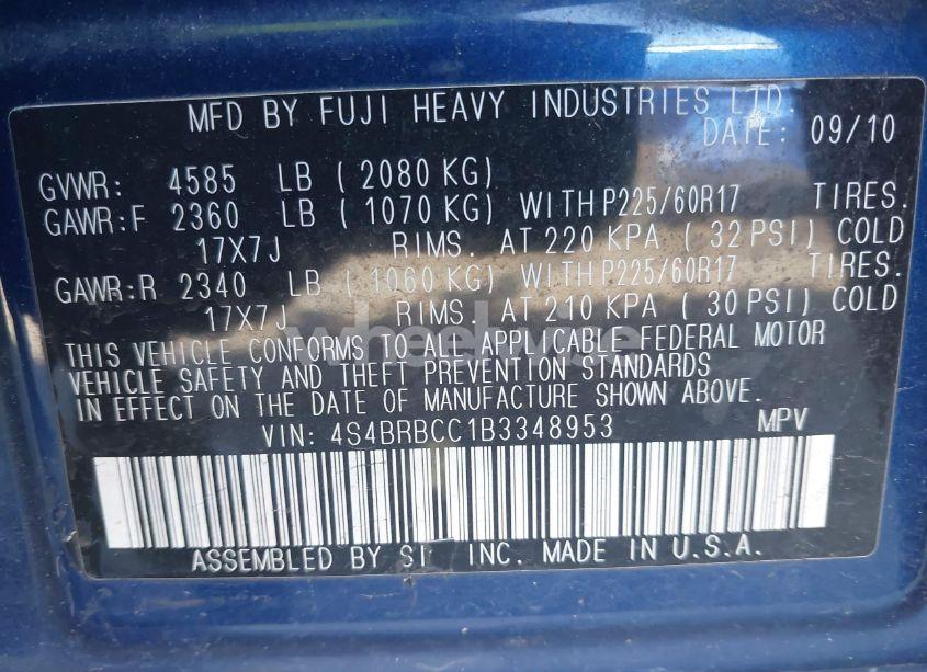 Photo 9 of 2011 Subaru Outback 2.5I PREMIUM (VIN 4S4BRBCC1B3348953)