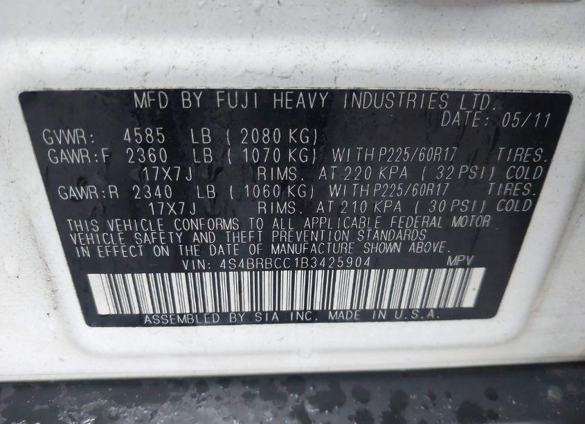 Photo 9 of 2011 Subaru Outback 2.5I PREMIUM (VIN 4S4BRBCC1B3425904)