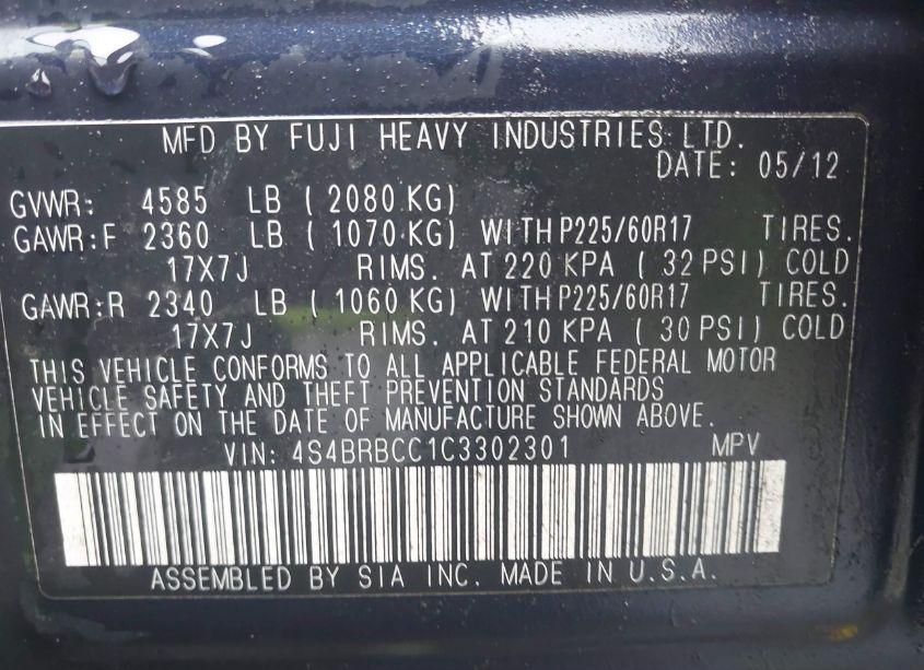 Photo 9 of 2012 Subaru Outback 2.5I PREMIUM (VIN 4S4BRBCC1C3302301)