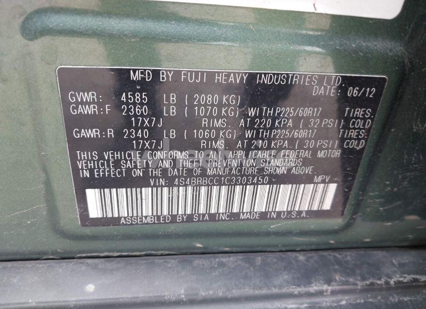 Photo 9 of 2012 Subaru Outback 2.5I PREMIUM (VIN 4S4BRBCC1C3303450)