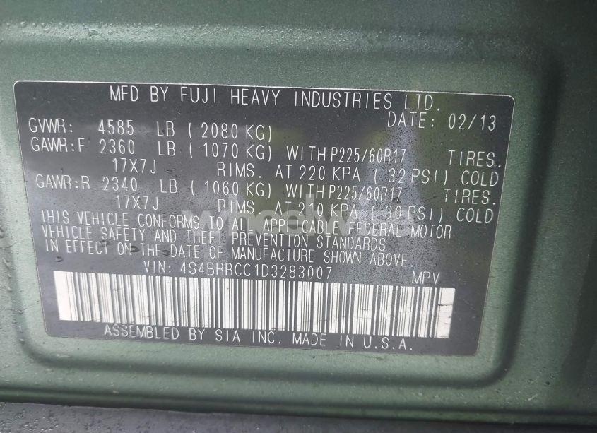 Photo 9 of 2013 Subaru Outback 2.5I PREMIUM (VIN 4S4BRBCC1D3283007)