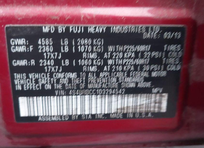 Photo 9 of 2013 Subaru Outback 2.5I PREMIUM (VIN 4S4BRBCC1D3294542)