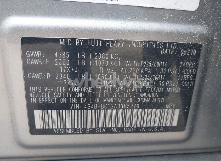 Photo 9 of 2010 Subaru Outback 2.5I PREMIUM (VIN 4S4BRBCC2A3385279)