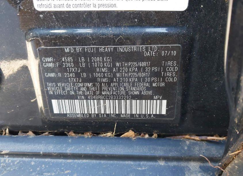 Photo 9 of 2011 Subaru Outback 2.5I PREMIUM (VIN 4S4BRBCC2B3332292)