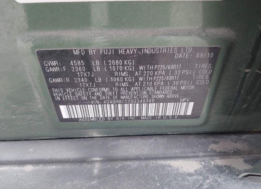 Photo 9 of 2011 Subaru Outback 2.5I PREMIUM (VIN 4S4BRBCC2B3348346)