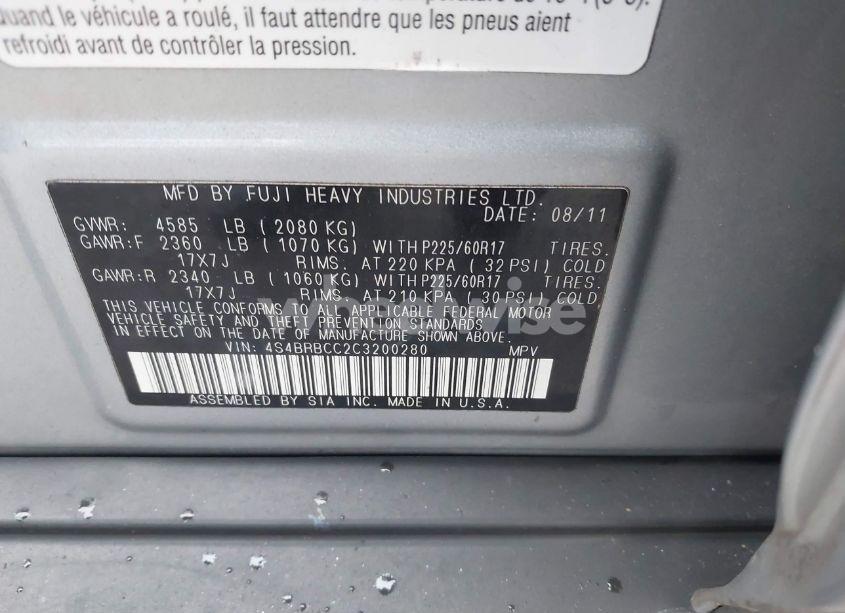 Photo 9 of 2012 Subaru Outback 2.5I PREMIUM (VIN 4S4BRBCC2C3200280)