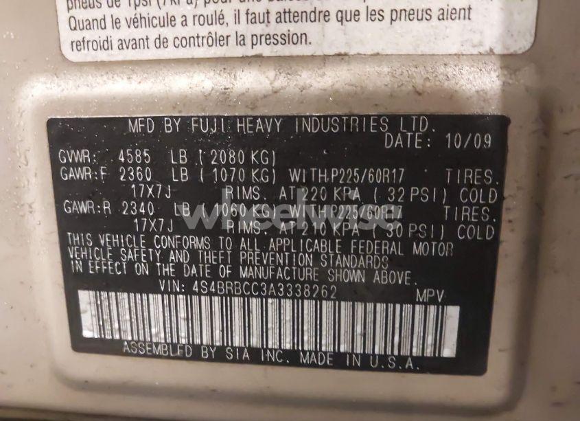 Photo 9 of 2010 Subaru Outback 2.5I PREMIUM (VIN 4S4BRBCC3A3338262)