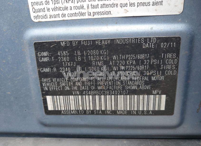 Photo 9 of 2011 Subaru Outback 2.5I PREMIUM (VIN 4S4BRBCC3B3402107)