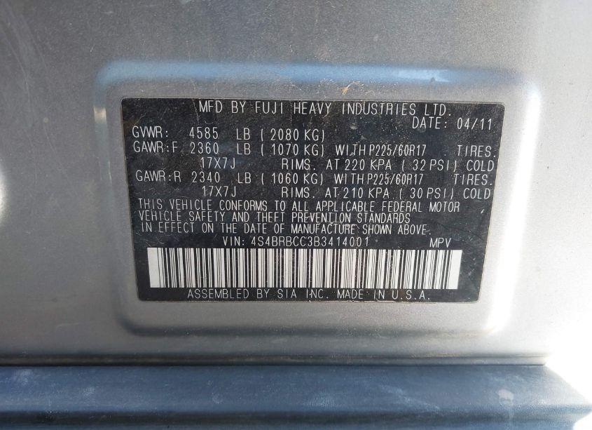 Photo 9 of 2011 Subaru Outback 2.5I PREMIUM (VIN 4S4BRBCC3B3414001)