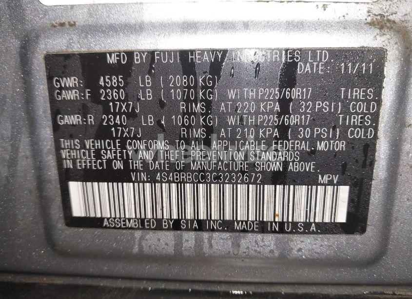 Photo 9 of 2012 Subaru Outback 2.5I PREMIUM (VIN 4S4BRBCC3C3232672)