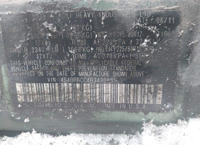 Photo 9 of 2011 Subaru Outback 2.5I PREMIUM (VIN 4S4BRBCC4B3430885)