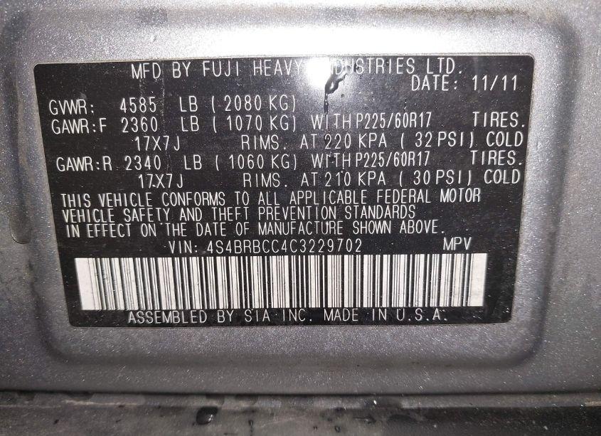 Photo 9 of 2012 Subaru Outback 2.5I PREMIUM (VIN 4S4BRBCC4C3229702)