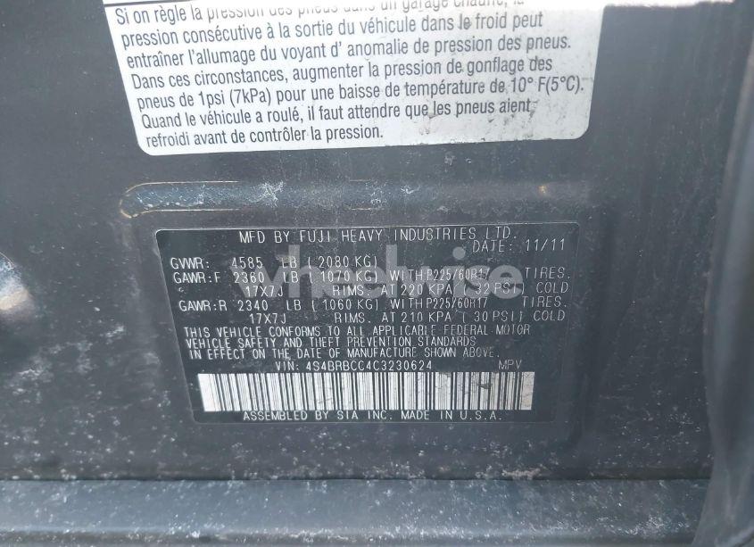 Photo 9 of 2012 Subaru Outback 2.5I PREMIUM (VIN 4S4BRBCC4C3230624)