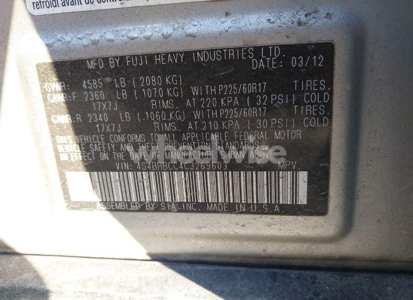 Photo 9 of 2012 Subaru Outback 2.5I PREMIUM (VIN 4S4BRBCC4C3269603)