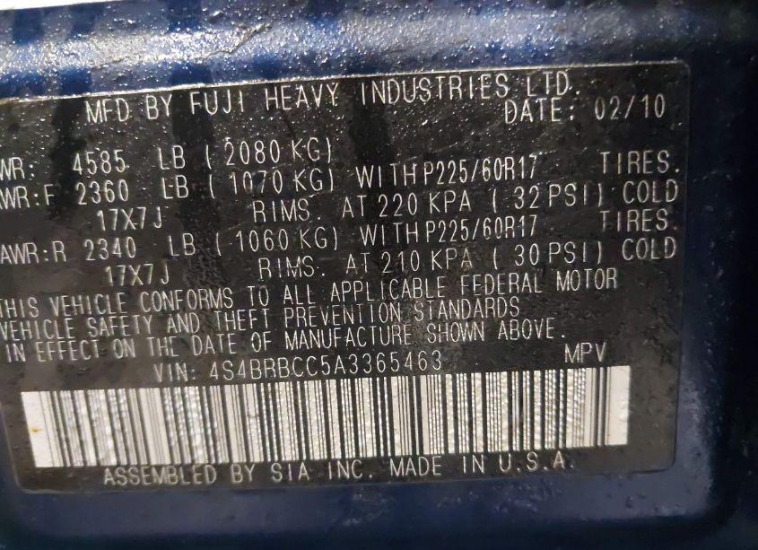 Photo 9 of 2010 Subaru Outback 2.5I PREMIUM (VIN 4S4BRBCC5A3365463)