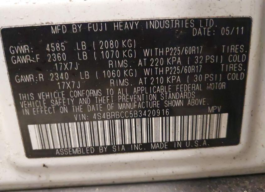 Photo 9 of 2011 Subaru Outback 2.5I PREMIUM (VIN 4S4BRBCC5B3420916)