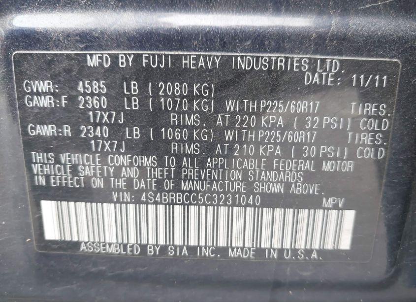 Photo 9 of 2012 Subaru Outback 2.5I PREMIUM (VIN 4S4BRBCC5C3231040)