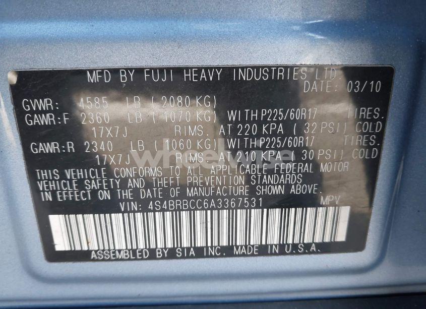 Photo 9 of 2010 Subaru Outback 2.5I PREMIUM (VIN 4S4BRBCC6A3367531)