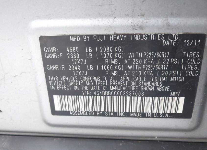 Photo 9 of 2012 Subaru Outback 2.5I PREMIUM (VIN 4S4BRBCC6C3237008)