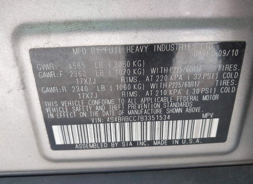 Photo 9 of 2011 Subaru Outback 2.5I PREMIUM (VIN 4S4BRBCC7B3351534)