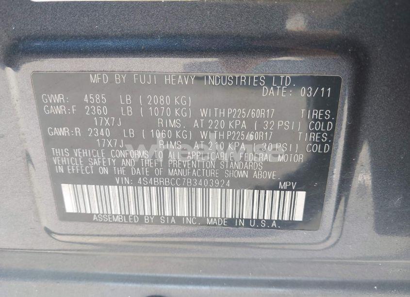 Photo 9 of 2011 Subaru Outback 2.5I PREMIUM (VIN 4S4BRBCC7B3403924)