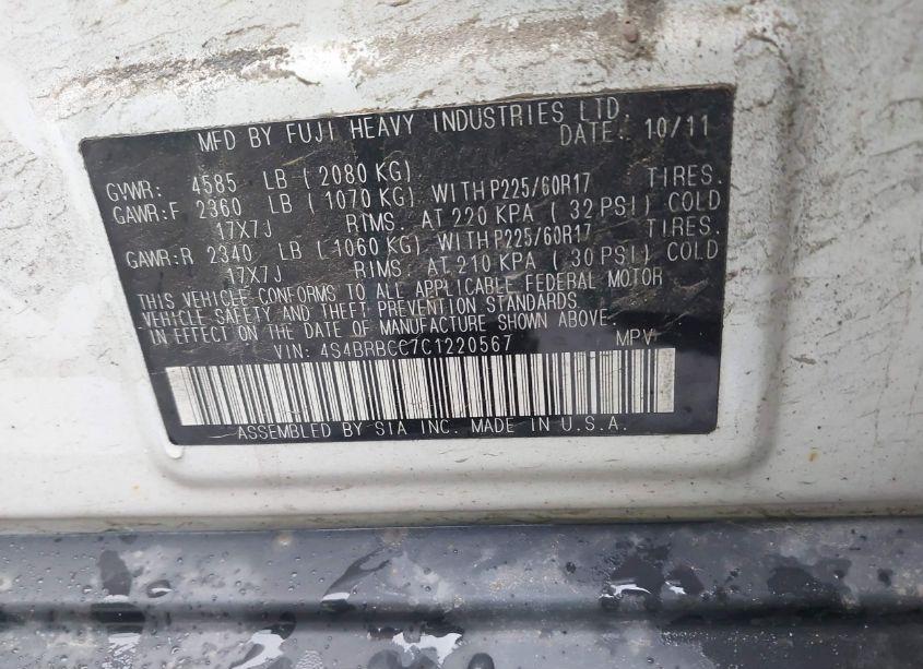 Photo 9 of 2012 Subaru Outback 2.5I PREMIUM (VIN 4S4BRBCC7C1220567)