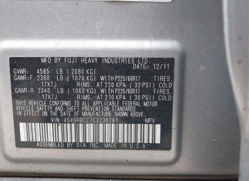 Photo 9 of 2012 Subaru Outback 2.5I PREMIUM (VIN 4S4BRBCC7C3238281)