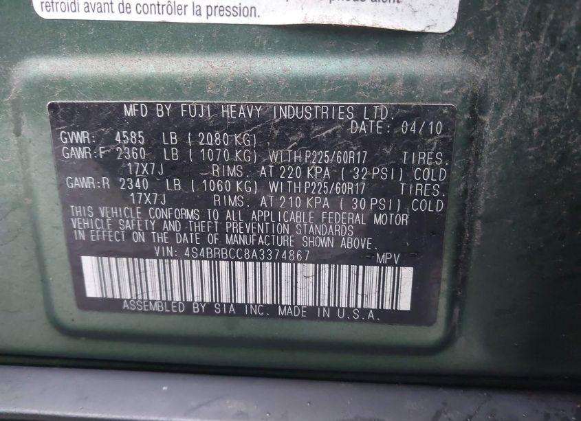 Photo 9 of 2010 Subaru Outback 2.5I PREMIUM (VIN 4S4BRBCC8A3374867)